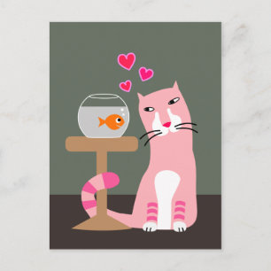 Cat & Goldfish Valentine Holiday Postcard