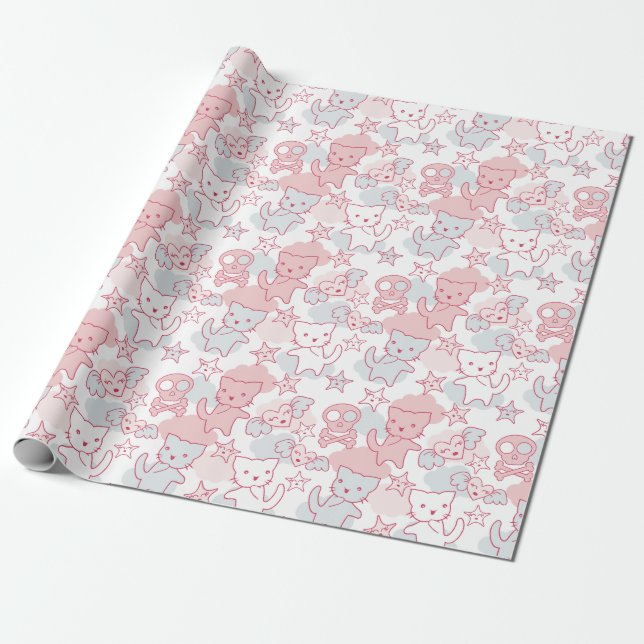 Cat Goth Skull Japanese Style Kawaii Heart Cloud Wrapping Paper (Unrolled)