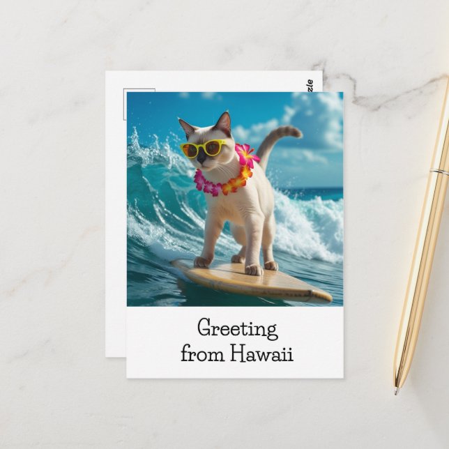 Cat Greeting from Hawaii surfing on surf board Postcard (Front/Back In Situ)