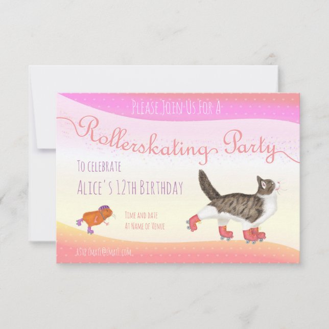 Cat guinea pig rollerskating party invite (small) (Front)