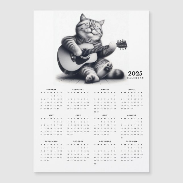 Cat Guitarist 2025 Magnetic Calendar Musical  (Front)