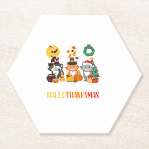 Cat Halloween Christmas Happy Hallothanksmas Thank Paper Coaster