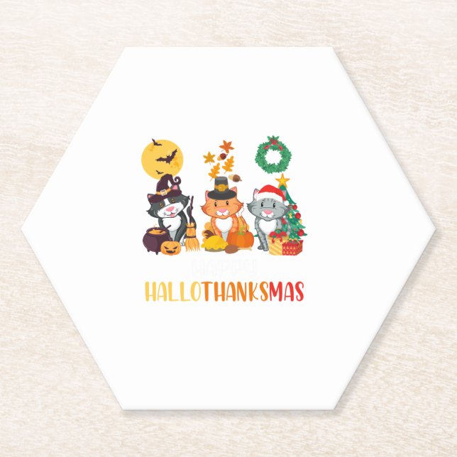 Cat Halloween Christmas Happy Hallothanksmas Thank Paper Coaster (Front)
