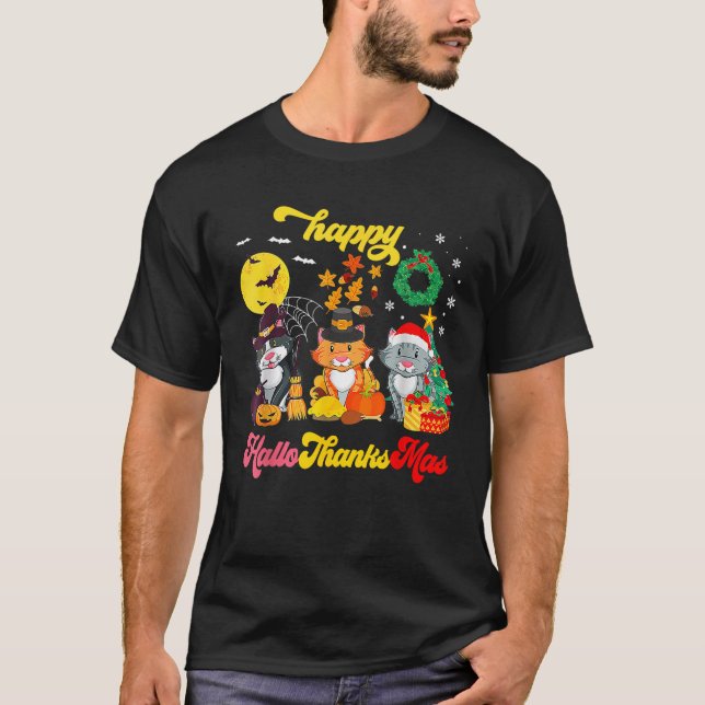 Cat Halloween Christmas Happy Hallothanksmas Thank T-Shirt (Front)