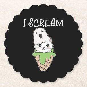Cat Halloween Ghost I Scream Ice Cream Pun Paper Coaster