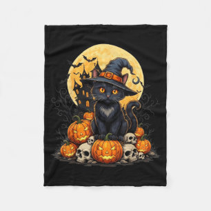 Cat Halloween Pumpkin Black Cat Black Fleece Blanket