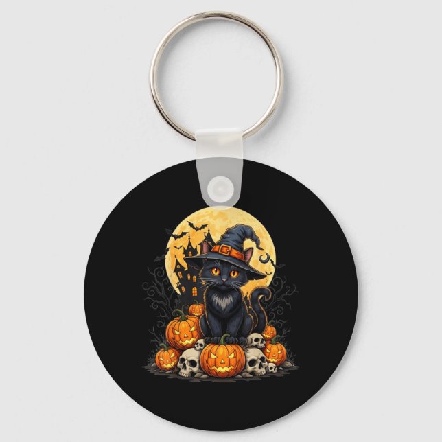 Cat Halloween Pumpkin Black Cat Black Key Ring (Front)