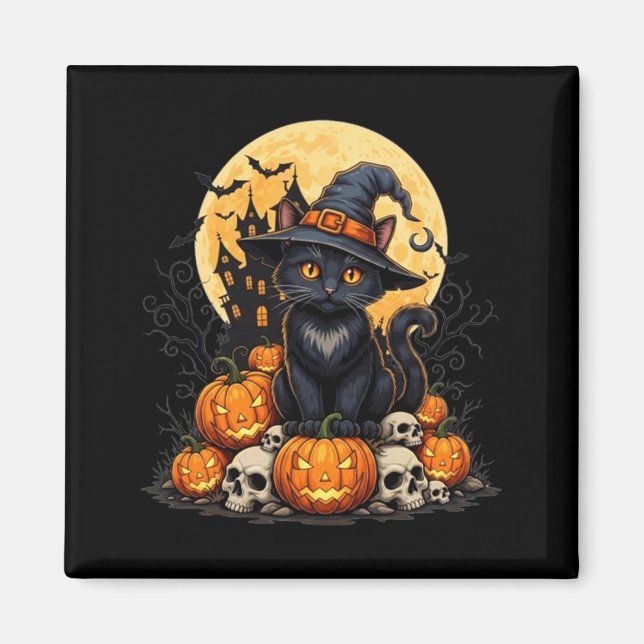 Cat Halloween Pumpkin Black Cat Black Performance Magnet (Front)