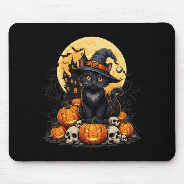 Cat Halloween Pumpkin Black Cat Black Performance Mouse Pad (Front)