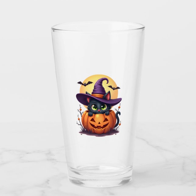 Cat Halloween Pumpkin Black Cat Glass (Front)