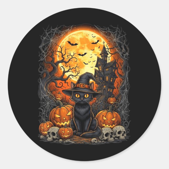 Cat Halloween Pumpkin Black Classic Round Sticker (Front)