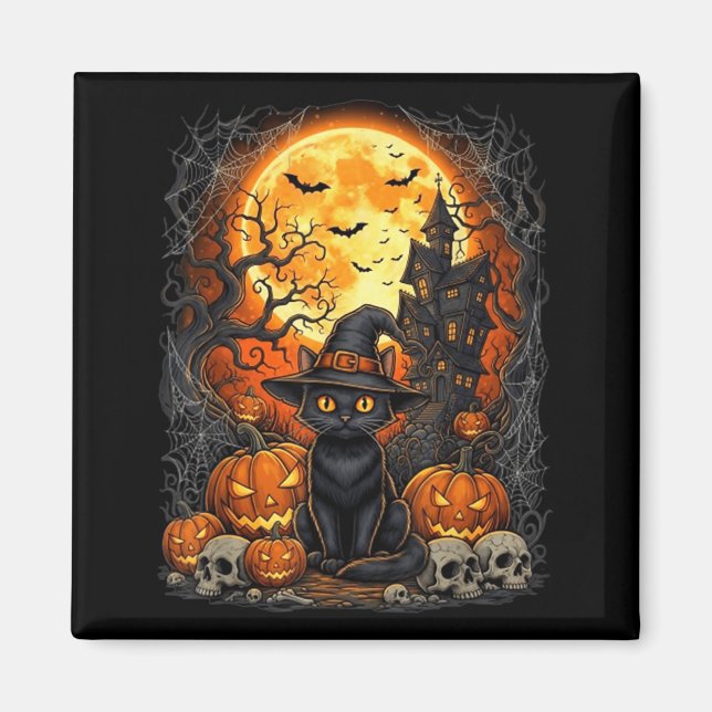 Cat Halloween Pumpkin Black Magnet (Front)