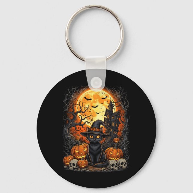 Cat Halloween Pumpkin Black Performance Key Ring (Front)