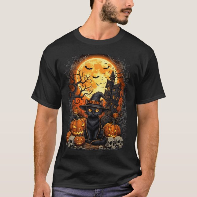 Cat Halloween Pumpkin Black Performance T-Shirt (Front)