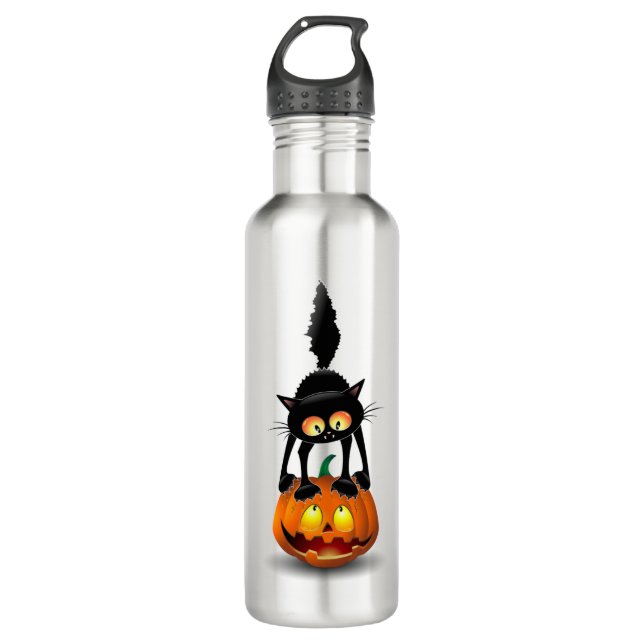 Cat Halloween Scared Cartoon on Pumpkin 710 Ml Water Bottle (Front)