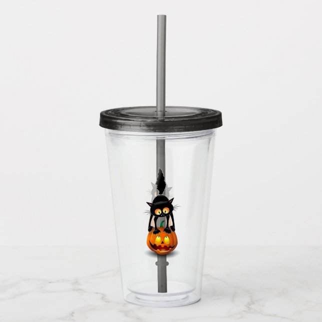 Cat Halloween Scared Cartoon on Pumpkin Acrylic Tumbler (Front)