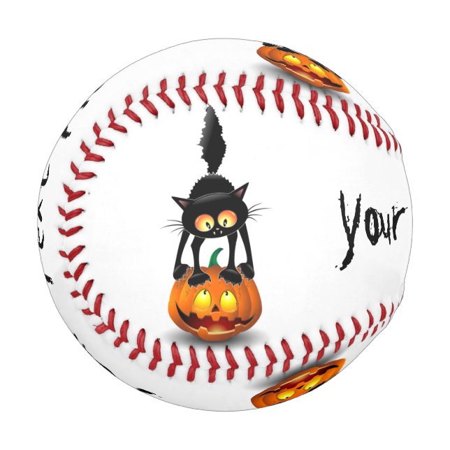 Cat Halloween Scared Cartoon on Pumpkin Baseball (Front Left)