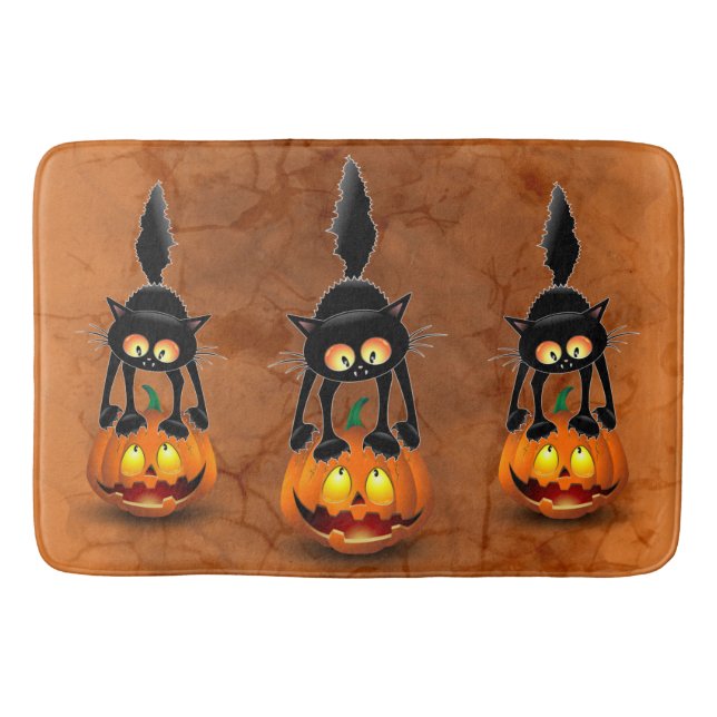 Cat Halloween Scared Cartoon on Pumpkin Bath Mat (Front)