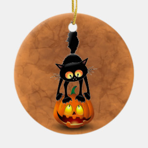 Cat Halloween Scared Cartoon on Pumpkin Ceramic Ornament
