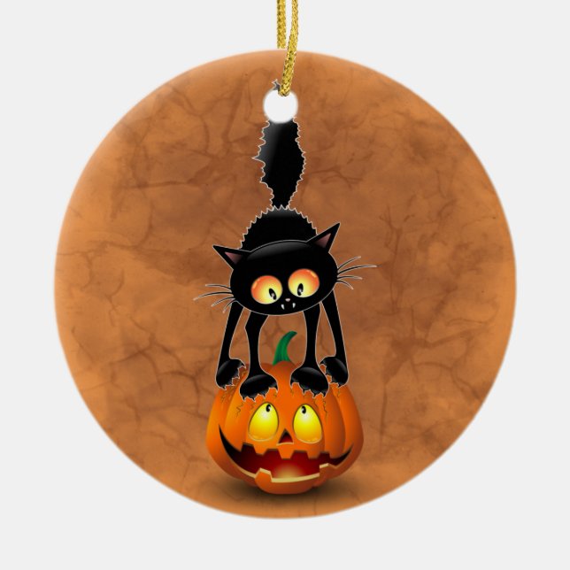 Cat Halloween Scared Cartoon on Pumpkin Ceramic Ornament (Front)