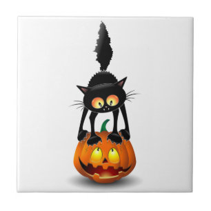 Cat Halloween Scared Cartoon on Pumpkin Ceramic Tile