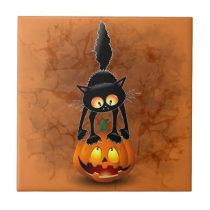 Cat Halloween Scared Cartoon on Pumpkin Ceramic Tile
