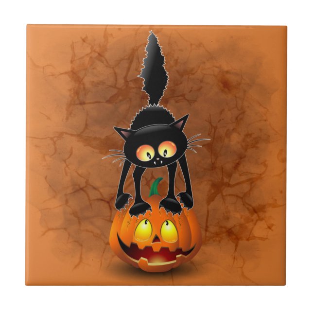 Cat Halloween Scared Cartoon on Pumpkin Ceramic Tile (Front)