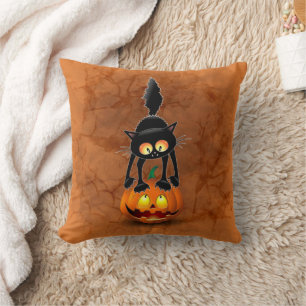 Cat Halloween Scared Cartoon on Pumpkin Cushion