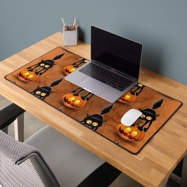 Cat Halloween Scared Cartoon on Pumpkin Desk Mat (Office 2)