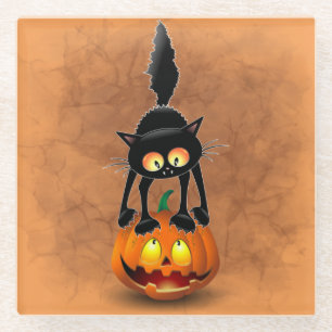 Cat Halloween Scared Cartoon on Pumpkin Glass Coaster