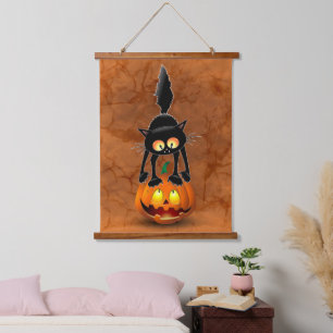 Cat Halloween Scared Cartoon on Pumpkin Hanging Tapestry