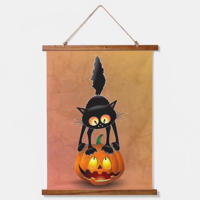 Cat Halloween Scared Cartoon on Pumpkin Hanging Tapestry (Front)