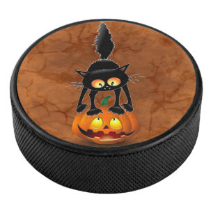 Cat Halloween Scared Cartoon on Pumpkin Hockey Puck