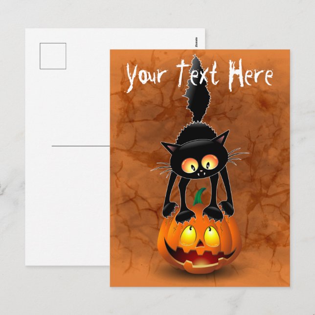 Cat Halloween Scared Cartoon on Pumpkin Holiday Postcard (Front/Back)