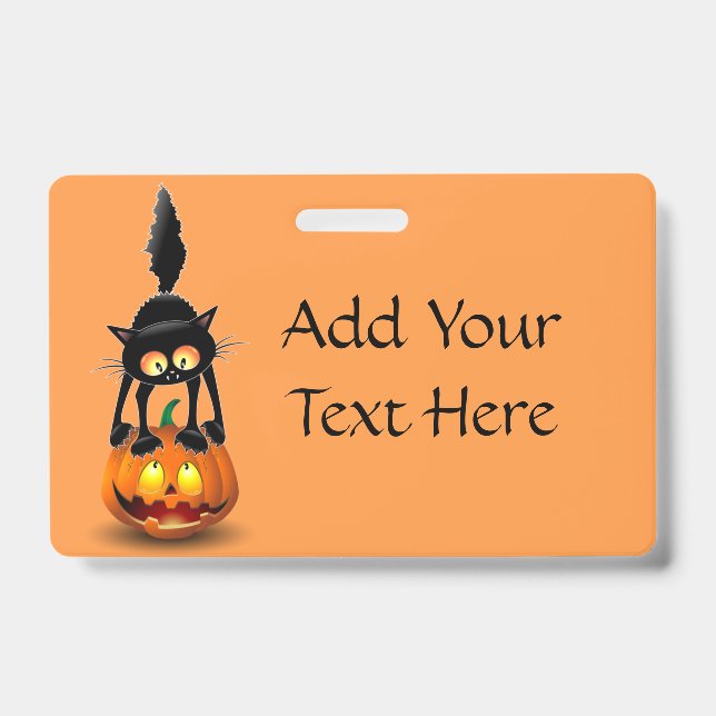 Cat Halloween Scared Cartoon on Pumpkin ID Badge (Front)