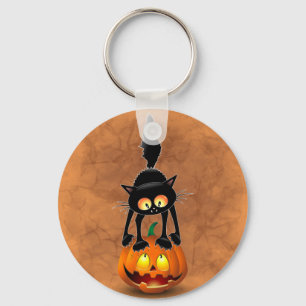 Cat Halloween Scared Cartoon on Pumpkin Key Ring