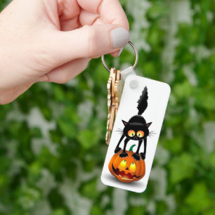 Cat Halloween Scared Cartoon on Pumpkin Key Ring