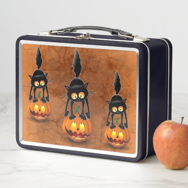 Cat Halloween Scared Cartoon on Pumpkin Metal Lunch Box (In Situ)