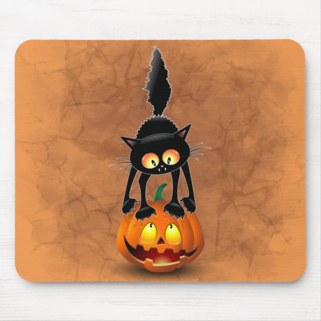 Cat Halloween Scared Cartoon on Pumpkin Mouse Pad (Front)