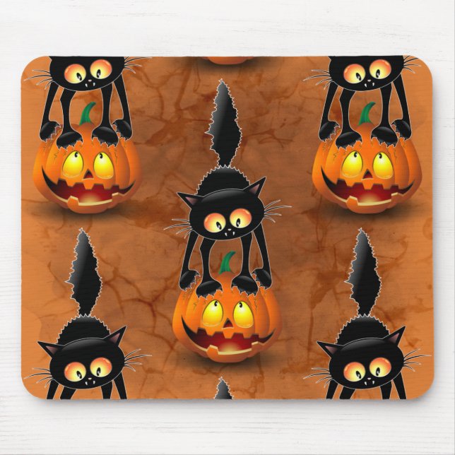 Cat Halloween Scared Cartoon on Pumpkin Mouse Pad (Front)