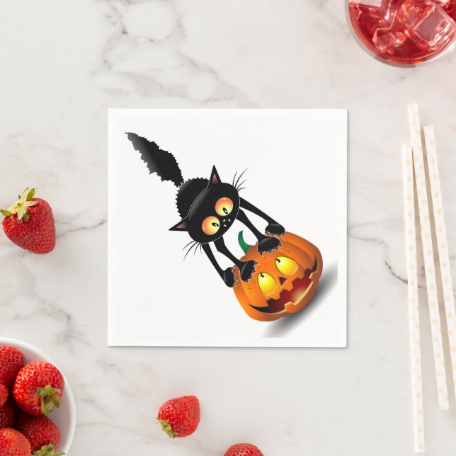 Cat Halloween Scared Cartoon on Pumpkin Napkin (Insitu)
