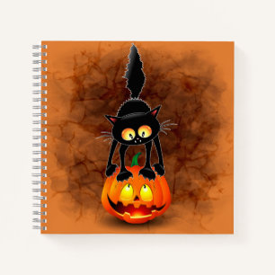 Cat Halloween Scared Cartoon on Pumpkin Notebook