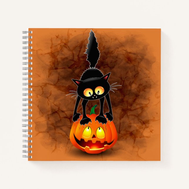 Cat Halloween Scared Cartoon on Pumpkin Notebook (Front)