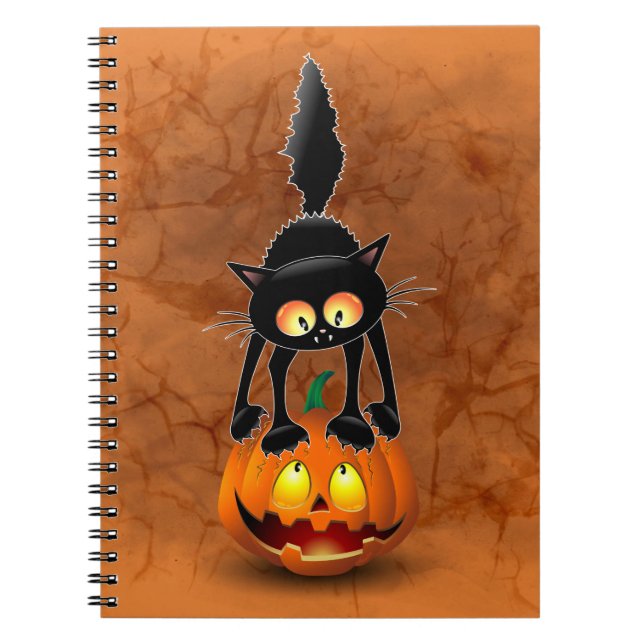 Cat Halloween Scared Cartoon on Pumpkin Notebook (Front)