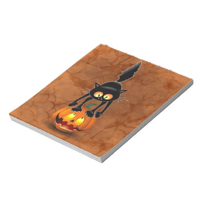 Cat Halloween Scared Cartoon on Pumpkin Notepad (Rotated)