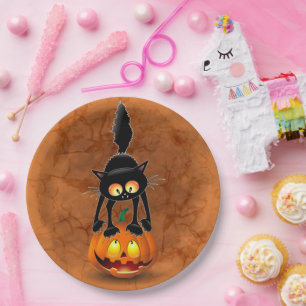 Cat Halloween Scared Cartoon on Pumpkin Paper Plate