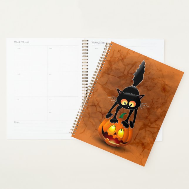 Cat Halloween Scared Cartoon on Pumpkin Planner (Display)