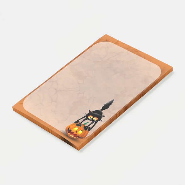 Cat Halloween Scared Cartoon on Pumpkin Post-it Notes (Angled)