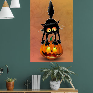 Cat Halloween Scared Cartoon on Pumpkin Poster