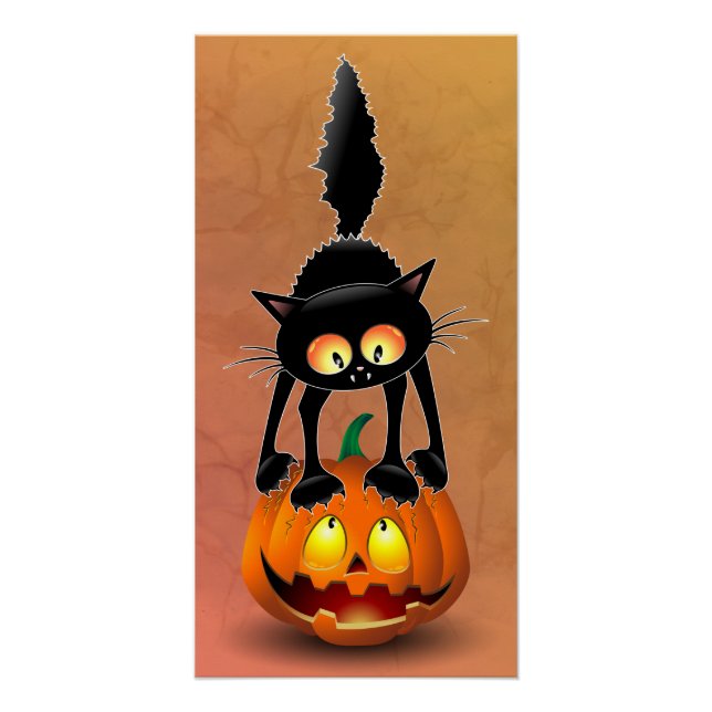 Cat Halloween Scared Cartoon on Pumpkin Poster (Front)